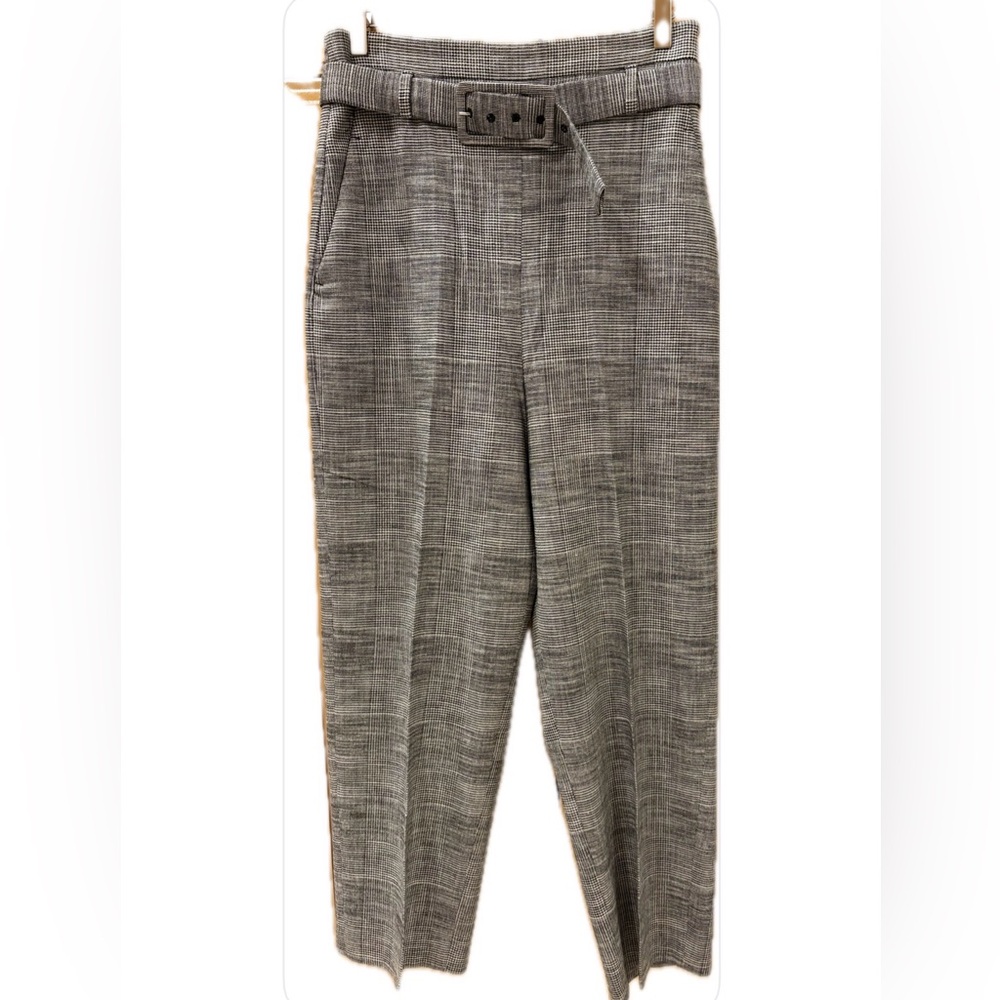 Zara NWOT Career Wool Blend Hi-Rise Belted Flat Front Tapered Slim Leg Pants M